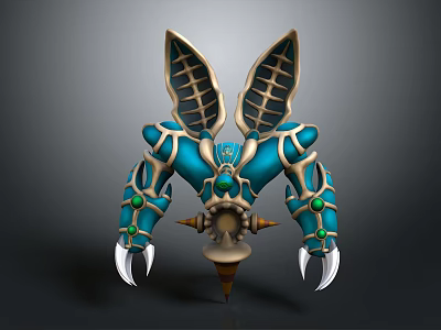 Character And Mythical Creature Design With Blue Exoskeleton Gold Accents Green Gems And Sharp Claws 3d model