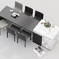 Modern Dining Table Set With Black Tabletop Gray Black Chairs And Marble Counter 3d model