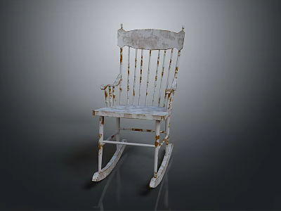 Vintage White Distressed Wooden Rocking Armchair With Rustic Armrests And Rocking Base 3d model
