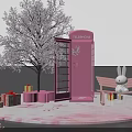 Pink Telephone Booth With White Flower Tree Pink Bench Rabbit Doll Petals And Gift Boxes