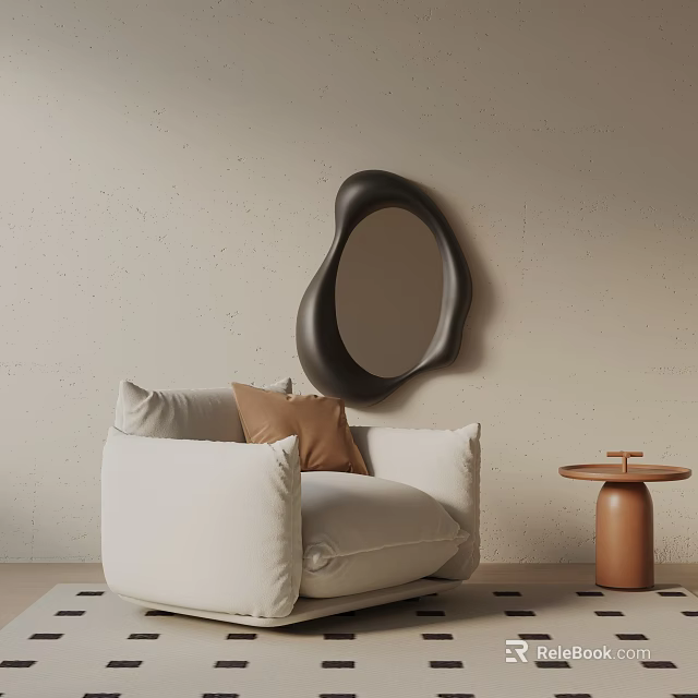Cozy White Accent Chair With Brown Cushion And Wooden Side Table In Living Room 3d model 