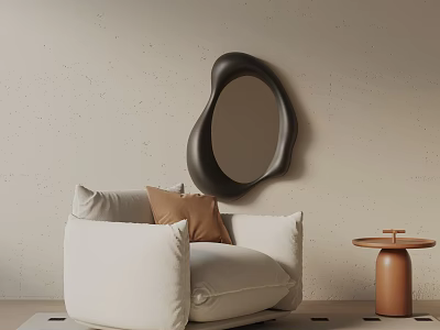 Cozy White Accent Chair With Brown Cushion And Wooden Side Table In Living Room 3d model