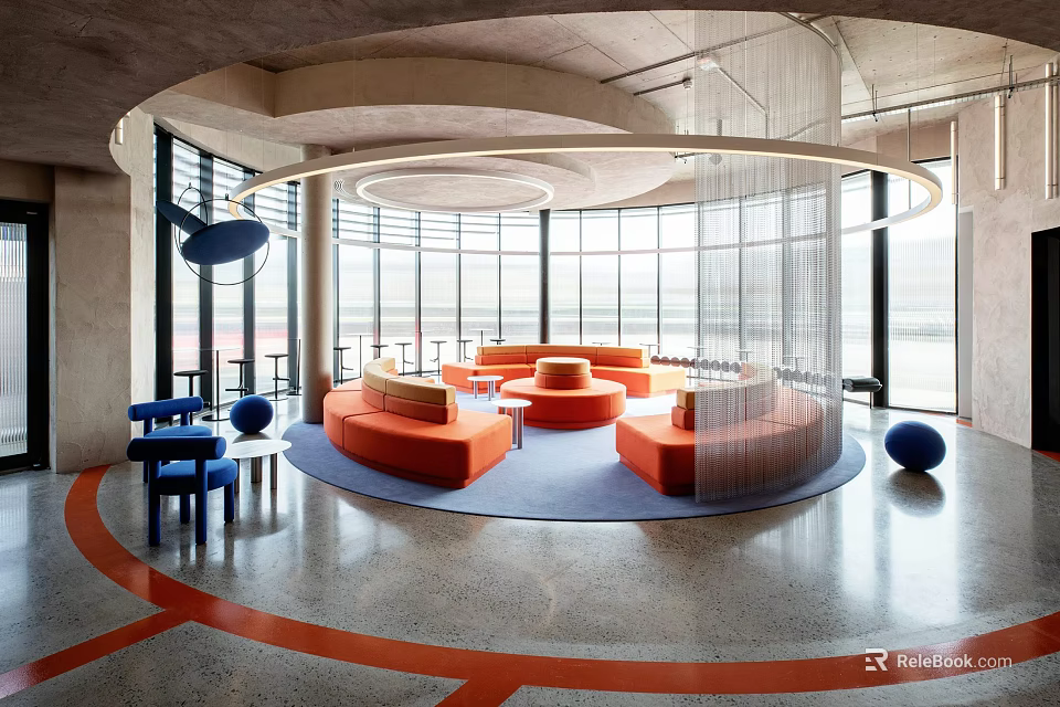 Modern Leisure Area With Large Windows Orange Sofas Blue Chairs Circular Rug And Metal Mesh 3d model 