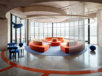 Modern Leisure Area With Large Windows Orange Sofas Blue Chairs Circular Rug And Metal Mesh 3d model