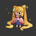 Cute Game Movie Character With Yellow Hair Twin Ponytails Pink Top Blue Skirt And Stars