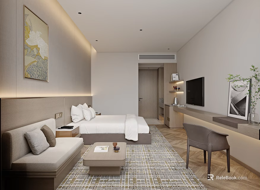 Modern Hotel Room Interior With Bed Sofa Coffee Table TV Desk Chair Carpet And Artwork 3d model 