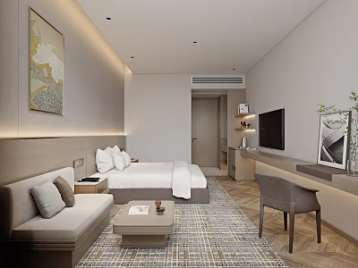 Modern Hotel Room Interior With Bed Sofa Coffee Table TV Desk Chair Carpet And Artwork 3d model