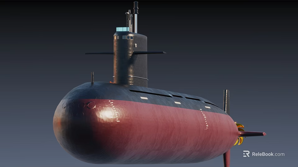 Modern Military Submarine With Black Red Hull And Command Tower Structure 3d model
