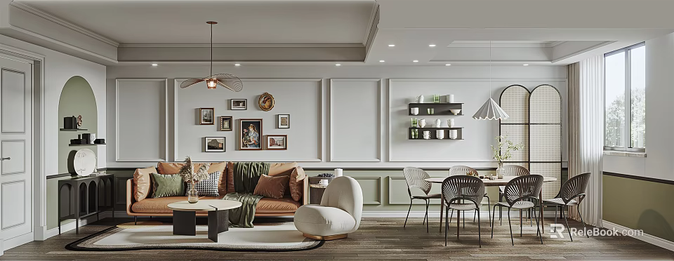 Modern Dining and Living Room Interior with Framed Art Clock Sofa Dining Table Chairs 3d model 