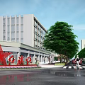 Municipal Road With Covered Parking Canopy Landscaped Areas Parked Cars And Pedestrians