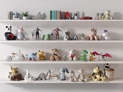 Assorted Decorative Ornament Set With Toys Animal Figures Mini Cars And Plants On White Shelves 3d model