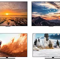 TV displaying stunning scenic pictures with sunrise over mountains desert and snowy forest scenes