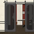 Modern Sliding Barn Door With Glass Panel And Black Metal Frame For Interior Design