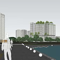 Modern Urban High Rise Buildings With Green Roofs Waterfront Reflection And Blue Sky