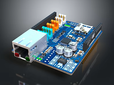 Blue Computer Circuit Board With Ethernet Port Capacitors And Electronic Components 3d model