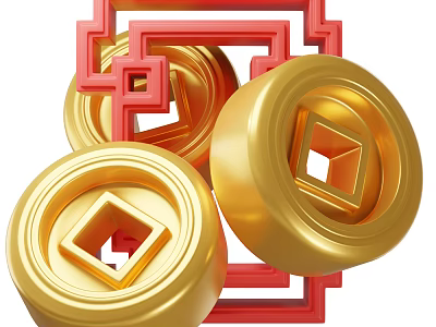Decorative Ornament Set with Golden Coin Shapes and Red Geometric Frames 3d model