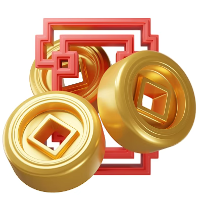 Decorative Ornament Set with Golden Coin Shapes and Red Geometric Frames 3d model
