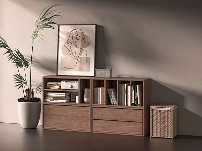 Modern Wooden Bookcase With Books Drawers Abstract Painting Potted Plant And Woven Basket 3d model