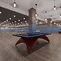 Basketball Court Interior With Wooden Flooring Hanging Lights Blue Walls And Red Seats