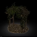 Rustic Wooden Garden Archway Structure With Climbing Vines Green Leaves And Stone Paving