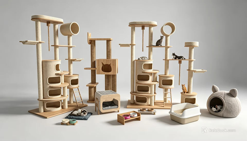 Wooden Multi Level Cat Tree With Condo Scratching Post And Platforms For Cats 3d model 