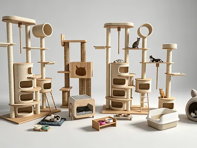 Wooden Multi Level Cat Tree With Condo Scratching Post And Platforms For Cats 3d model