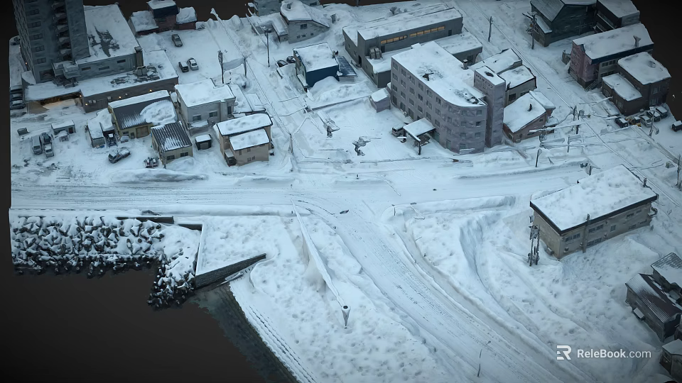 Aerial View of Snow Covered Town With Houses Roads and Riverside Winter Scenery 3d model 