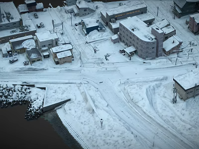 Aerial View of Snow Covered Town With Houses Roads and Riverside Winter Scenery 3d model