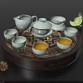 Celadon Tea Set with Teapot Lid Bowl Small Cups on Dark Wooden Carved Tray