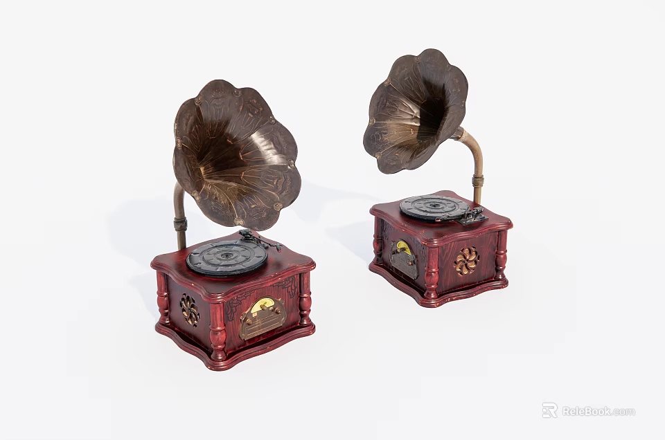 Vintage Gramophones With Horn Shaped Speakers And Red Decorative Bases 3d model 