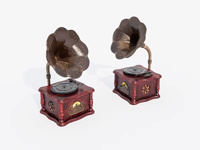 Vintage Gramophones With Horn Shaped Speakers And Red Decorative Bases 3d model