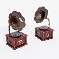 Vintage Gramophones With Horn Shaped Speakers And Red Decorative Bases
