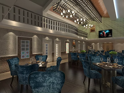 Elegant Restaurant Interior With Blue Chairs Tables Chandeliers Brick Walls Open Upper Level And TV 3d model