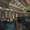 Elegant Restaurant Interior With Blue Chairs Tables Chandeliers Brick Walls Open Upper Level And TV