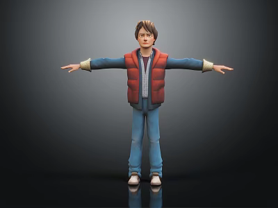 3D Man Model Wearing Red Vest Blue Sleeves Blue Pants White Shoes with Arms Outstretched 3d model