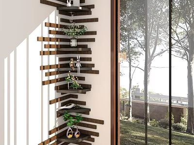 Wooden Multi Tiered Shelf Unit With Plants And Decorative Items Near Window 3d model