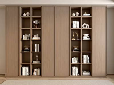 Modern Light Wood Bookcase Open Shelves Closed Cabinets Displaying Books Decorative Items And Trophies 3d model