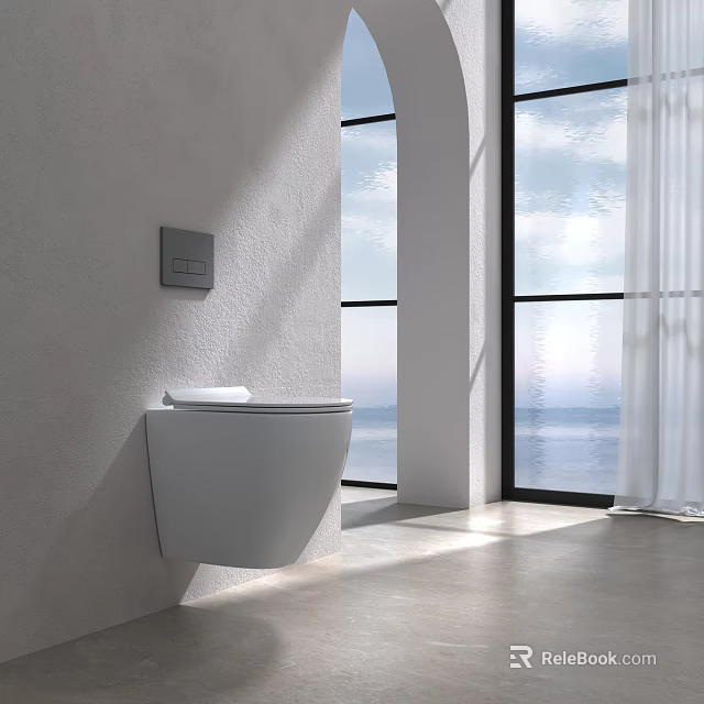 Modern Bathroom With Wall-mounted White Toilet Large Window And Sea View 3d model 