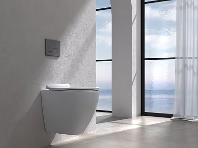 Modern Bathroom With Wall-mounted White Toilet Large Window And Sea View 3d model