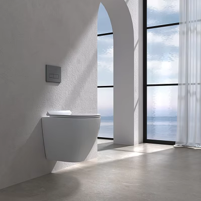 Modern Bathroom With Wall-mounted White Toilet Large Window And Sea View 3d model