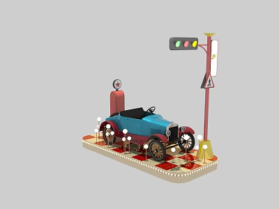 Blue Vintage Car Model With Traffic Light And Gas Pump On Display Stand 3d model