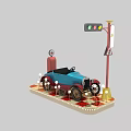 Blue Vintage Car Model With Traffic Light And Gas Pump On Display Stand