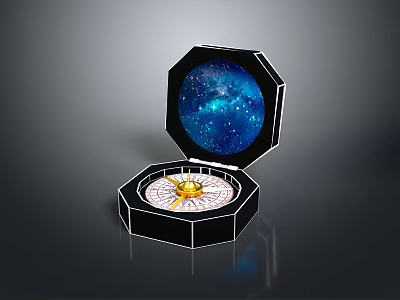 Open Octagonal Box With Starry Sky Design And Golden Compass 3d model