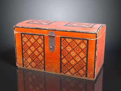 Vintage Orange Decorative Box With Black Geometric Floral Patterns And Metal Lock Closure 3d model