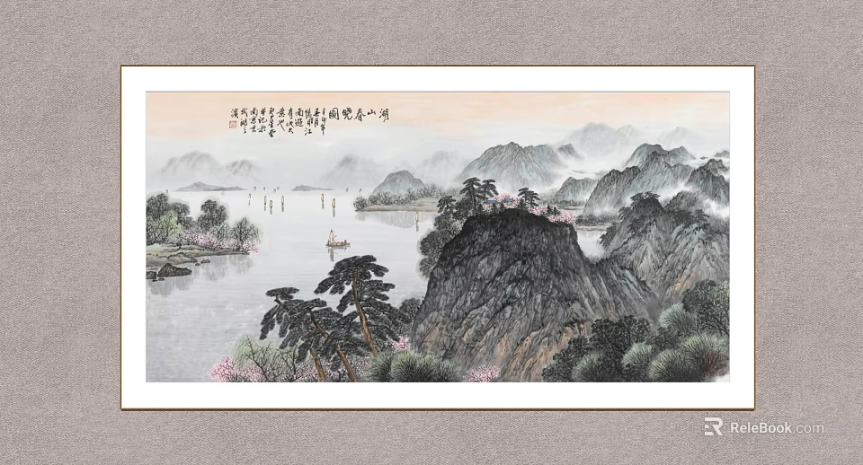 Traditional Chinese Landscape Painting With Misty Mountains River Small Boats Trees And Pink Blossoms 3d model 