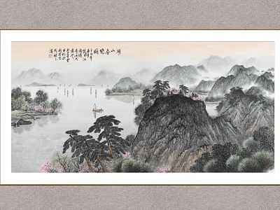 Traditional Chinese Landscape Painting With Misty Mountains River Small Boats Trees And Pink Blossoms 3d model