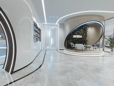 Modern Interior Space Design With Curved Structure Illuminated Lines Marble Floor And Green Plants 3d model