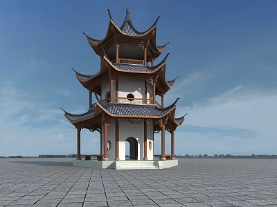 Traditional Chinese Multi Story Tower With Ornate Eaves White Walls Wooden Structure And Blue Sky 3d model