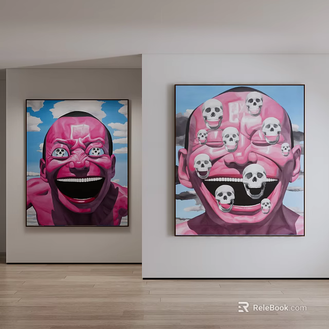 Two Modern Art Paintings With Red Smiling Face And Skull Elements On Wall 3d model
