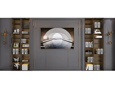 Modern Elegant Sofa Background Wall With Grey Cabinets Decorative Painting And Books 3d model